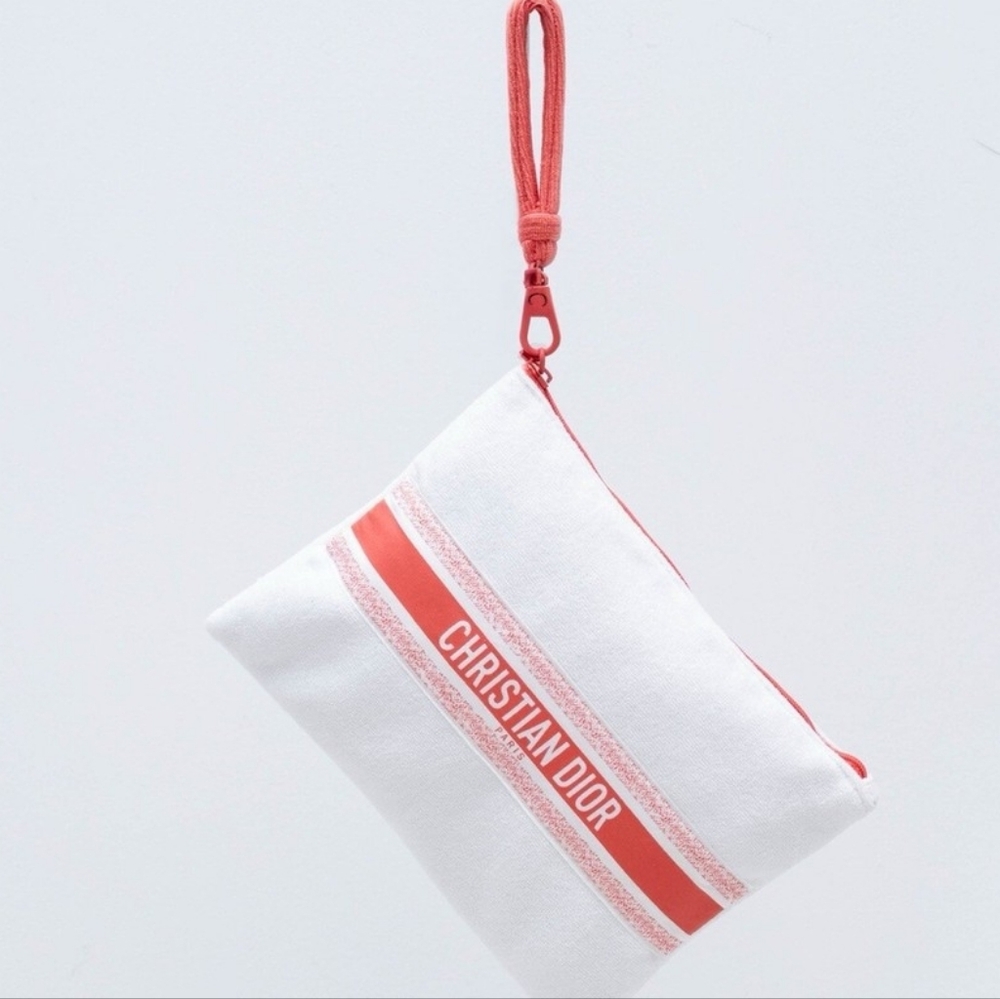 NWT CHRISTIAN DIOR Terry Cloth Summer Collection Pool Beach Wristlet Pouch WHITE